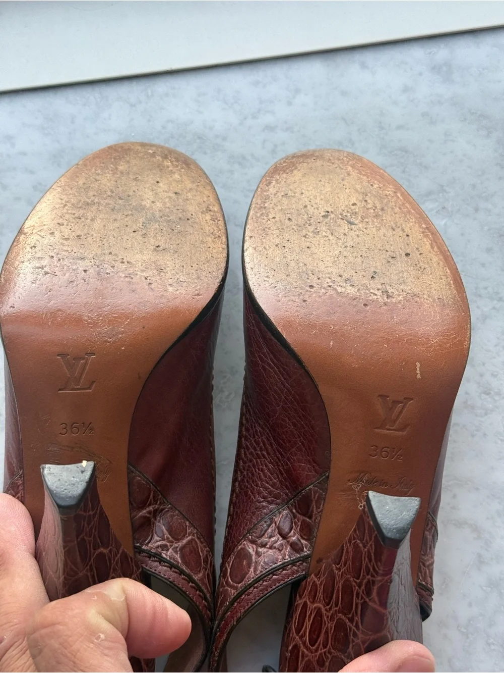 Louis Vuitton Burgundy Leather Slingback Heels with Gold Buckle